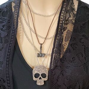 Silver Antique Large Skull Pendant Twisted Chain Necklace - NEW